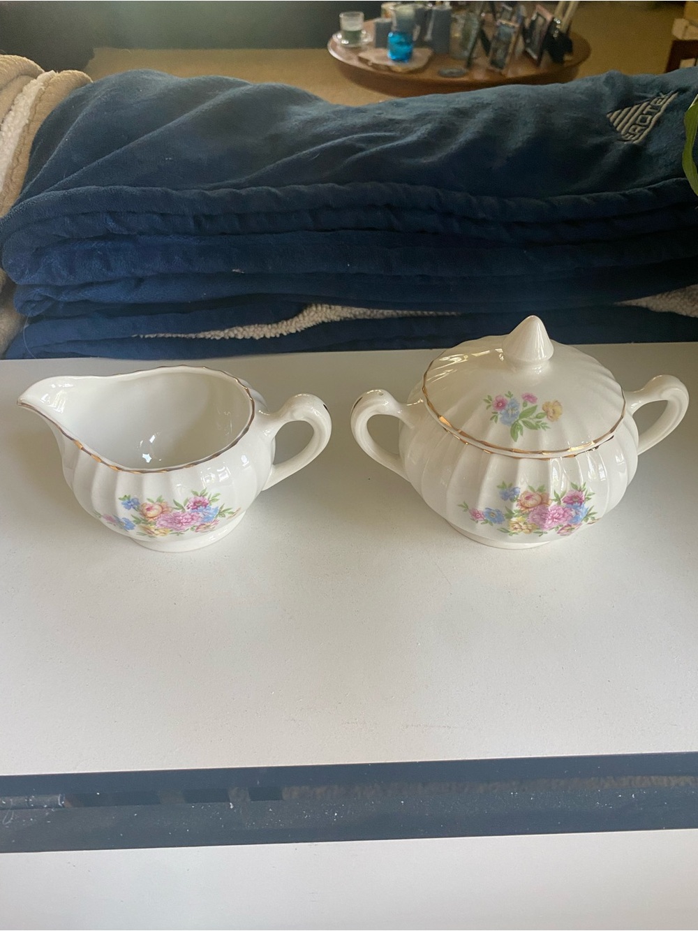 Vintage Floral Porcelain Creamer and Sugar Set - White with Pastel Flowers